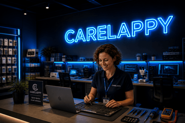CareLappy branded neon repair shop visual by FastUI Labs