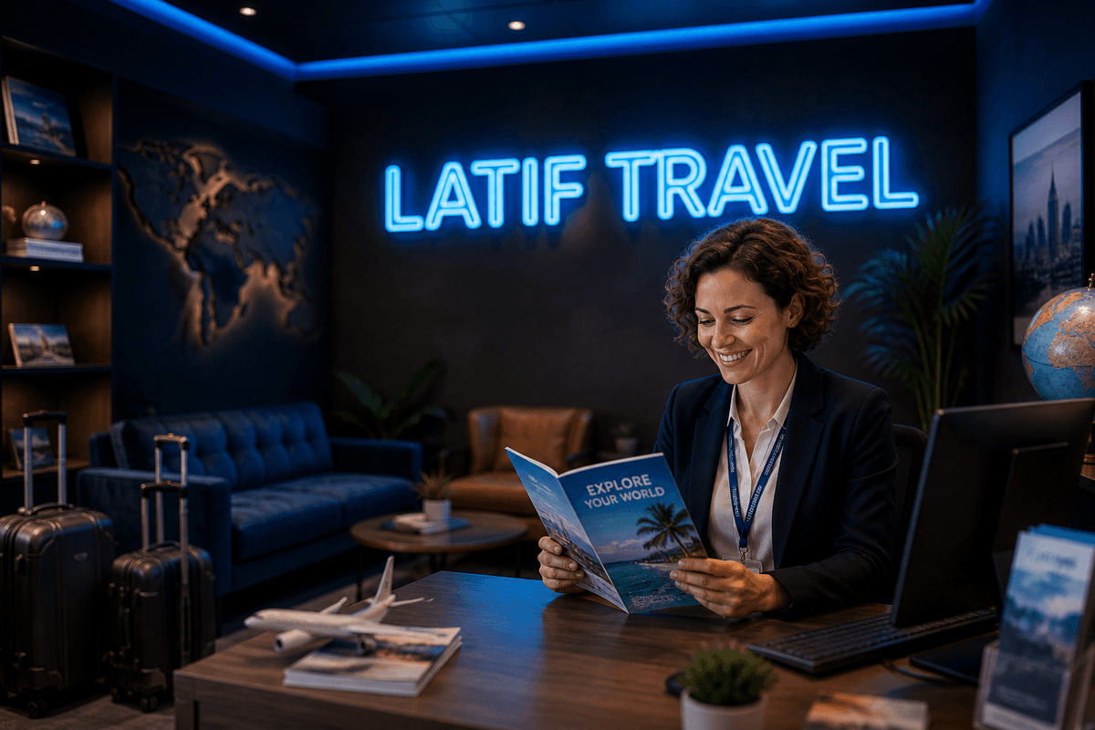 Latif Travel branded neon travel lounge visual by FastUI Labs