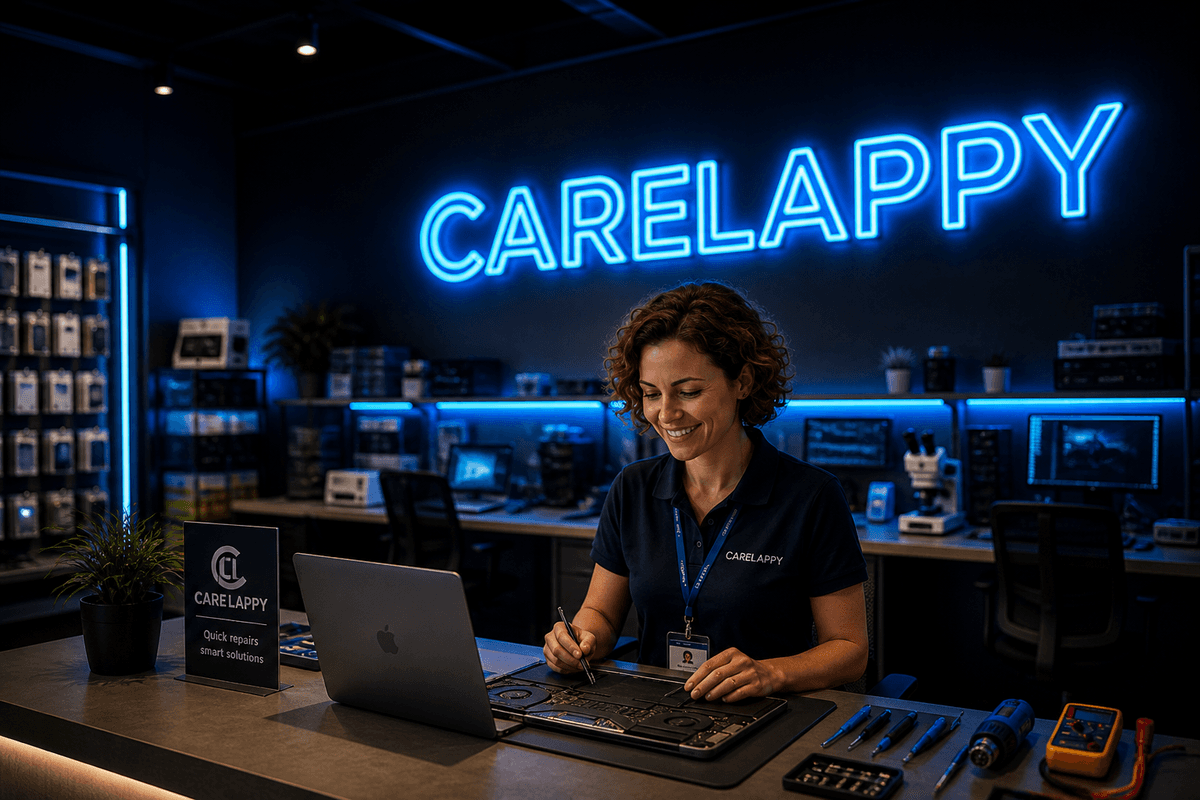 CareLappy branded neon repair shop visual by FastUI Labs