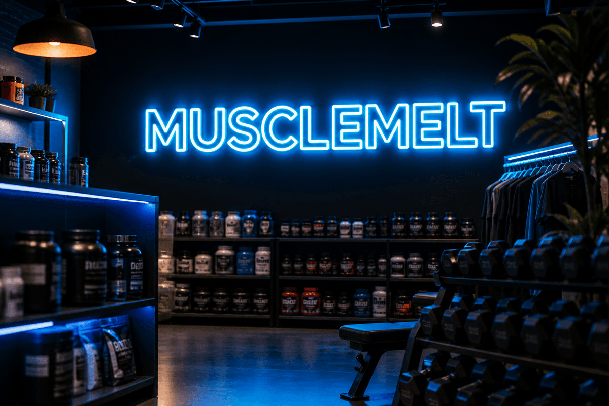 MuscleMelt Nutrition branded neon studio visual by FastUI Labs