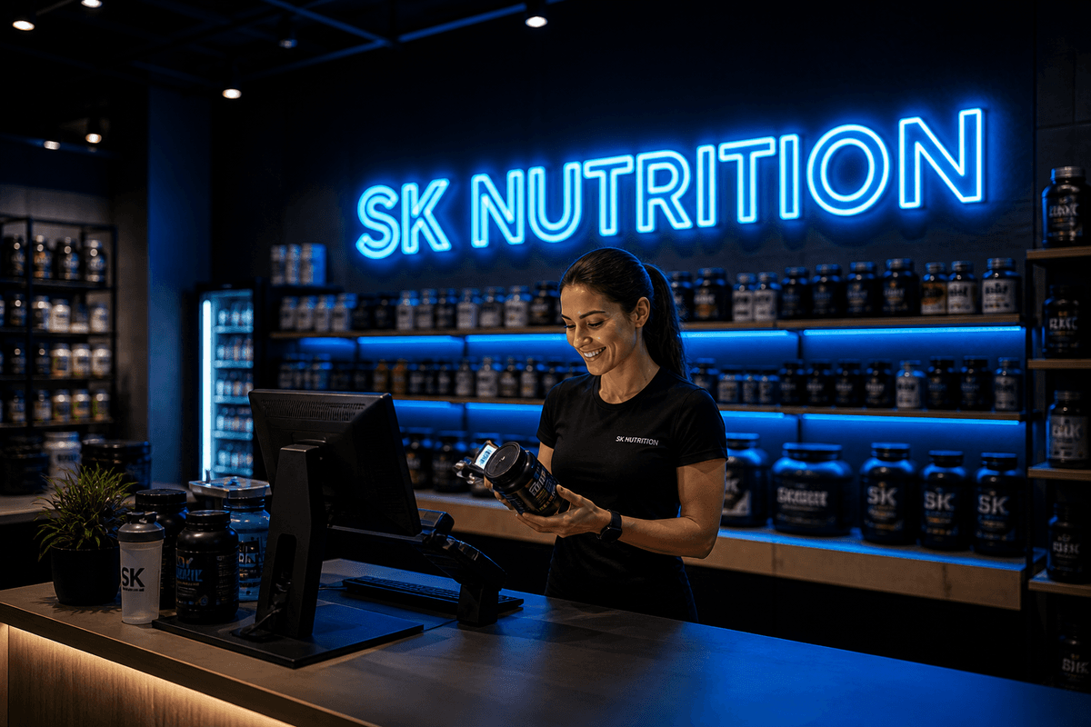 SK Nutrition branded neon storefront visual by FastUI Labs
